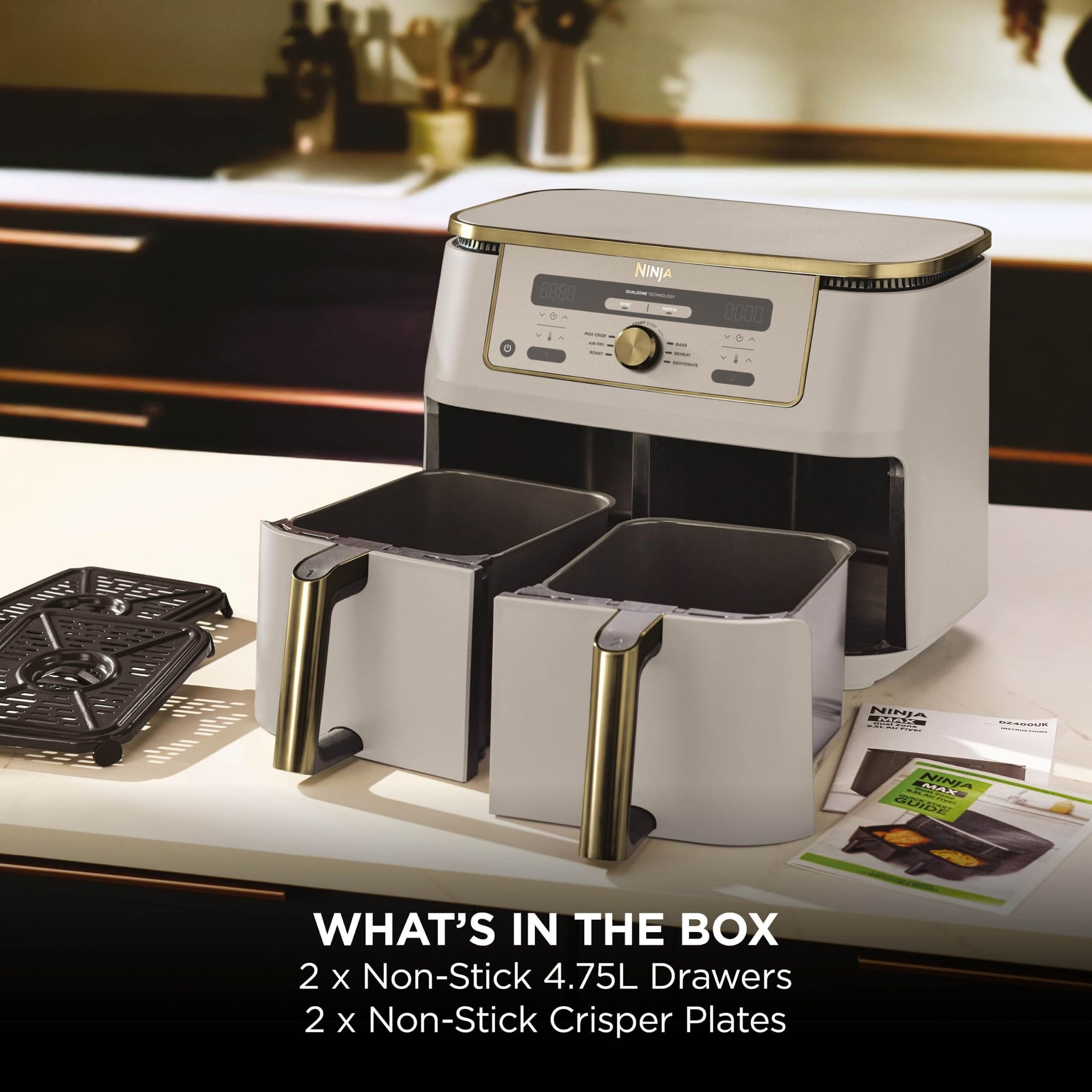 Ninja MAX Dual Zone Digital Air Fryer, 2 Drawers, 9.5L, 6-in-1, Uses No Oil, Air Fry, Max Crisp, Roast, Bake, Reheat, Dehydrate, Non-Stick, Dishwasher Safe Baskets, Stone Gold DZ400UKSTGD