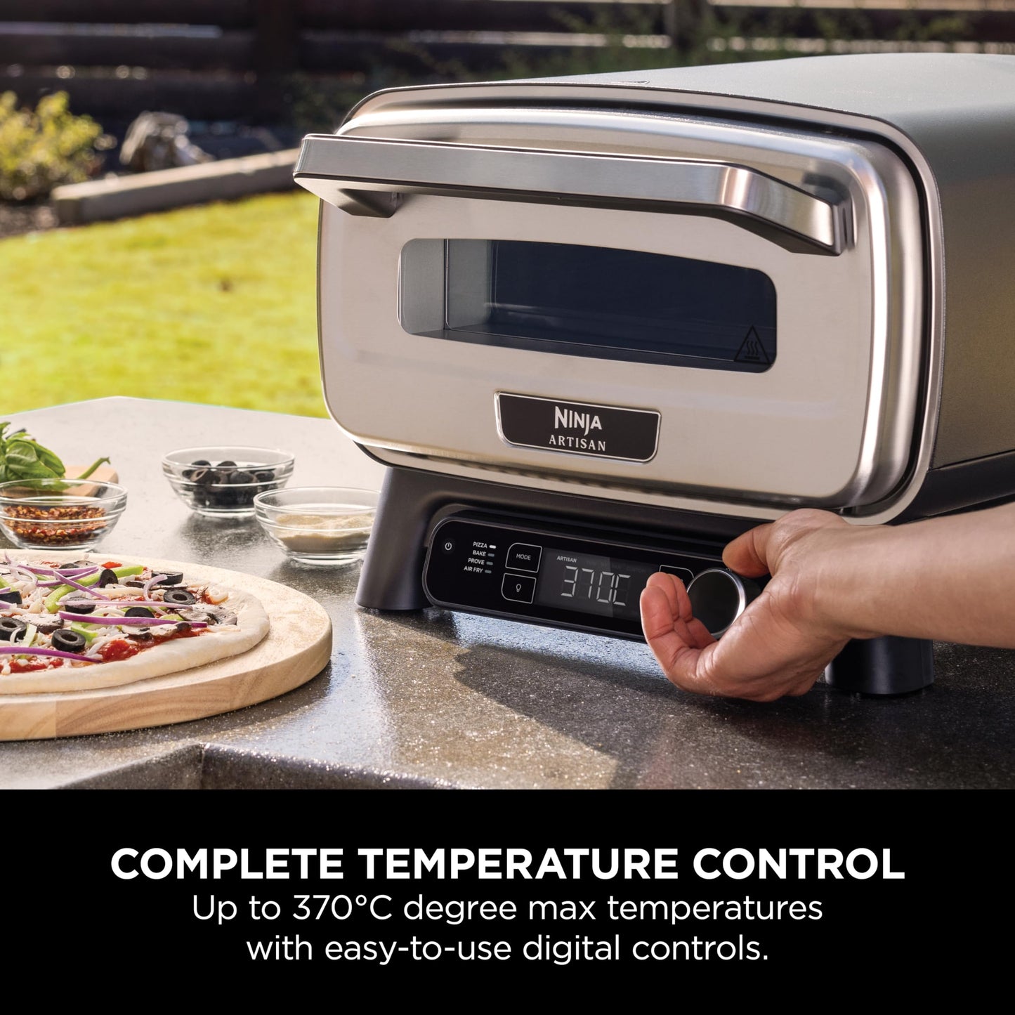 Ninja Artisan Electric Outdoor Pizza Oven & Air Fryer, 4 Functions: Pizza, Air Fry, Bake & Prove, 5 Pizza Settings, Includes 12-inch Pizza Stone, Pizza Peel, Baking Tray & Air Fry Basket, Grey MO201UK