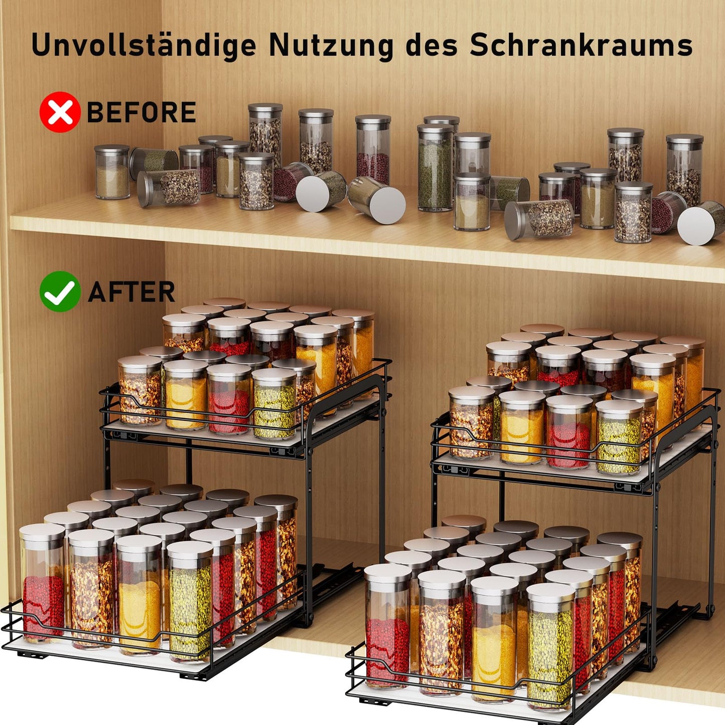 MAYZOLOP Pull out Spice Rack, 2-Tier Metal Spice Rack with Adjustable Height for Inside Cupboard, Kitchen Cupboard Organiser Storage Rack, 9.1in W x 10.4in L x 9in H