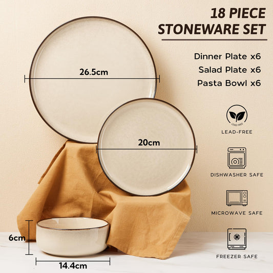 HaWare 18 Piece Dinner Set, Stoneware Dinnerware Service for 6, Reactive Glaze Dining Ware Include Plates and Bowls, Chip and Scratch Resistant, Microwave & Dishwasher Safe, Cream Khaki