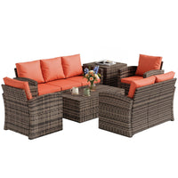 Outsunny 6 Pieces Rattan Garden Furniture Set Wicker Outdoor Sofa Sectional Patio Conversation Furniture Set w/Storage Table and Cushions, Orange
