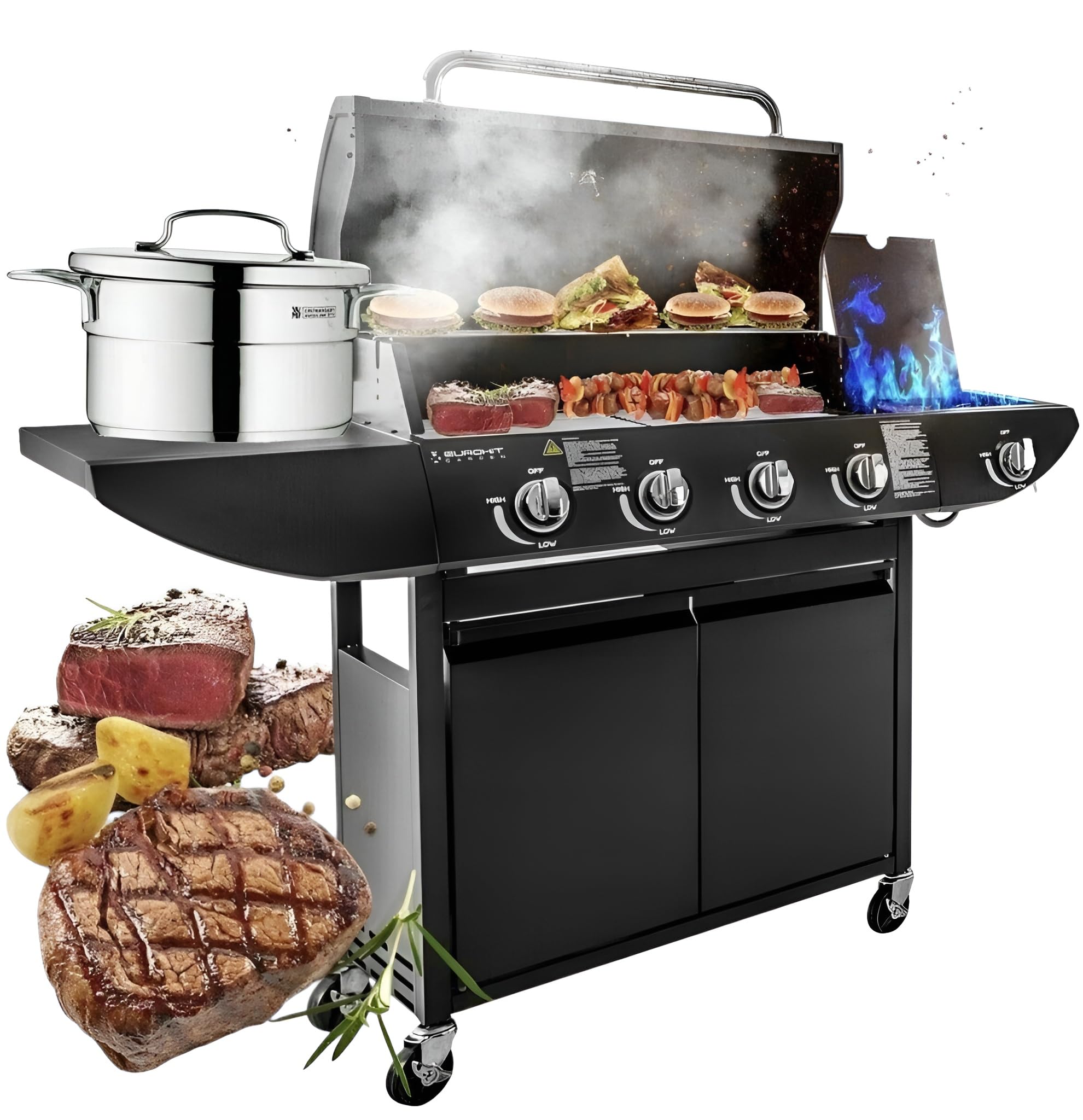 Campfire Original Barbecue BBQ 5 Gas Burner 4+1 Garden Grill, Steel Warming Rack, Side-Burner, Storage & Built-in Temperature Gauge for Home Garden Party Outdoor Cooking