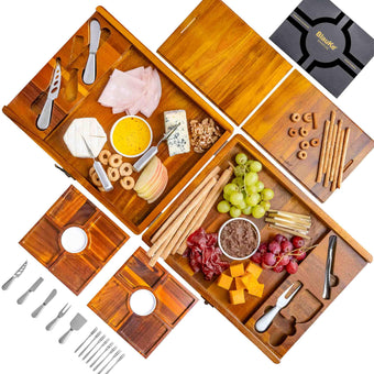 compare product Wooden Cheese Board and Knife Set for Big Parties - Large Wooden Serving Board/Tray of Acacia, an Upgrade from Bamboo Charcuterie Boards - Serving Platters with Cheese Knives - Any Occasion Gift Set