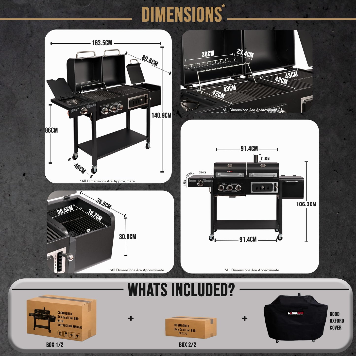 CosmoGrill Hybrid 4 Burner Barbecue with Waterproof Cover | DUO Dual Fuel BBQ 3+1 Gas Grill and Charcoal Smoker BBQ Grill, Thermometer, Warming Rack | Outdoor Portable Dual Fuel Large Coal Barbecue
