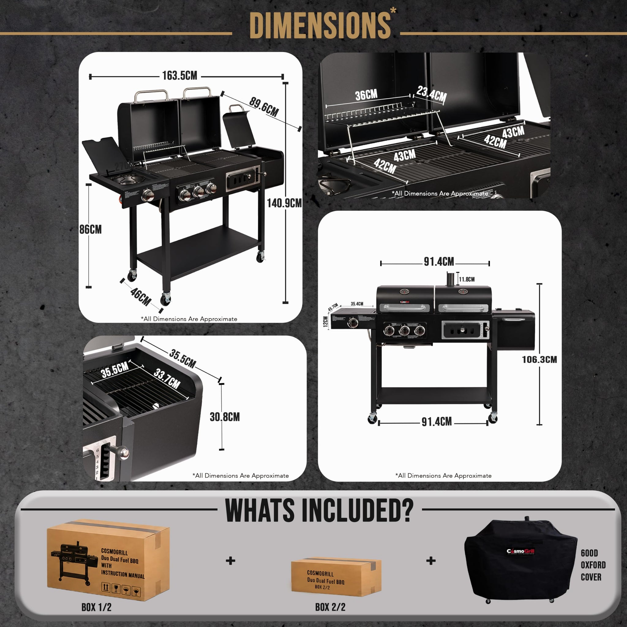 CosmoGrill Hybrid 4 Burner Barbecue with Waterproof Cover | DUO Dual Fuel BBQ 3+1 Gas Grill and Charcoal Smoker BBQ Grill, Thermometer, Warming Rack | Outdoor Portable Dual Fuel Large Coal Barbecue
