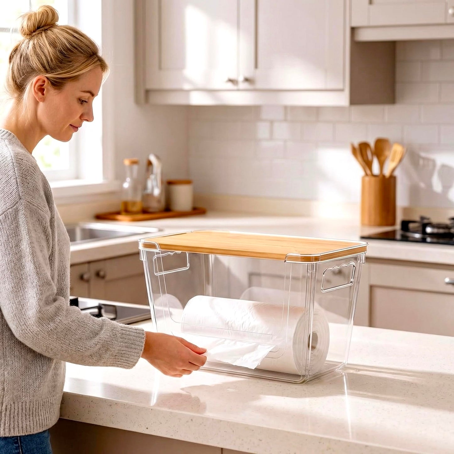petisal Trash Bag Dispenser ，Extra Large Trash Bag Holder Dispensers With Bamboo Lid，Multi-functional Pantry Organizers and Storage For Kitchen, Cabinet, Laundry Room, Pantry (Clear, XL-2PACK)