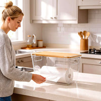 petisal Trash Bag Dispenser ，Extra Large Trash Bag Holder Dispensers With Bamboo Lid，Multi-functional Pantry Organizers and Storage For Kitchen, Cabinet, Laundry Room, Pantry (Clear, XL-2PACK)