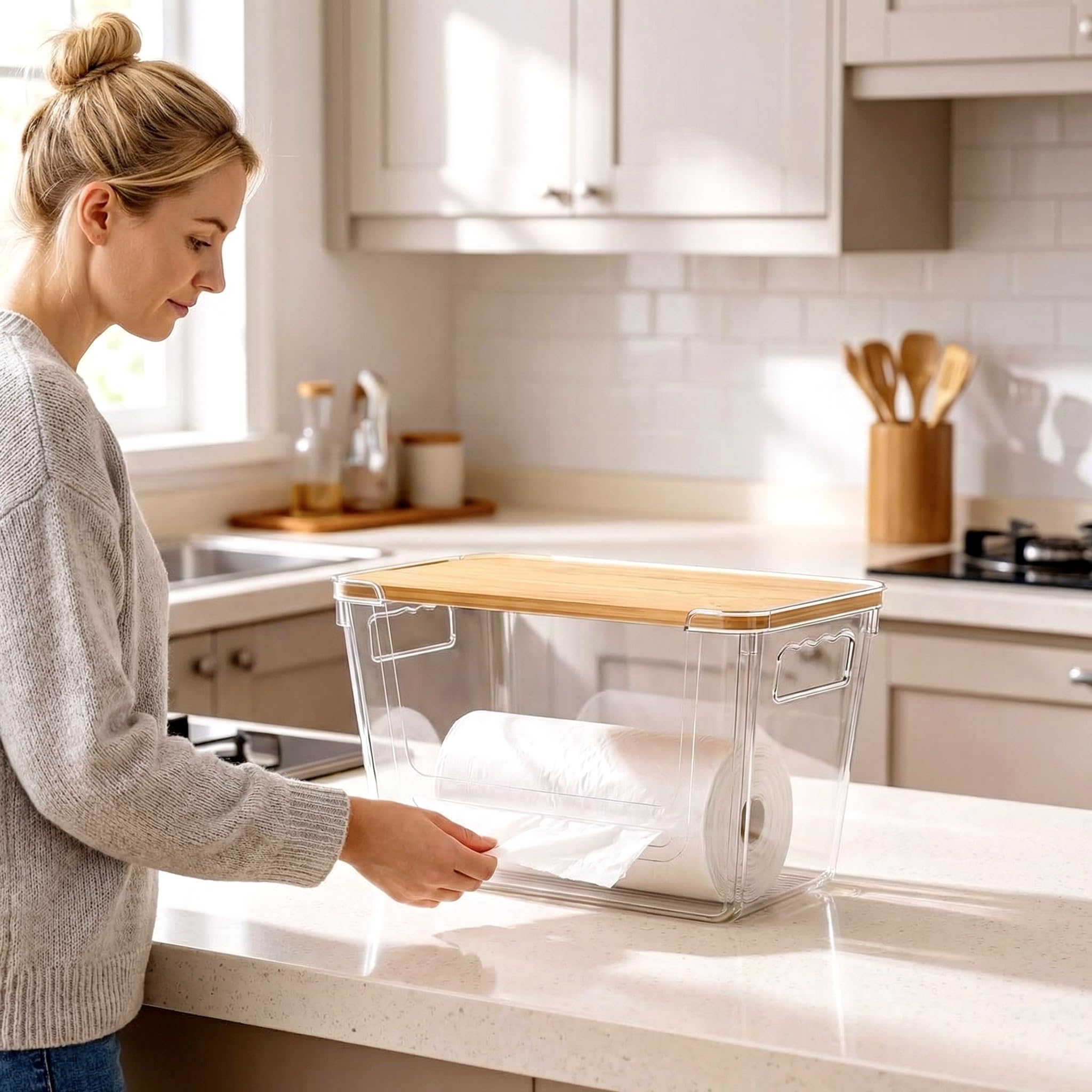 petisal Trash Bag Dispenser ，Extra Large Trash Bag Holder Dispensers With Bamboo Lid，Multi-functional Pantry Organizers and Storage For Kitchen, Cabinet, Laundry Room, Pantry (Clear, XL-2PACK)