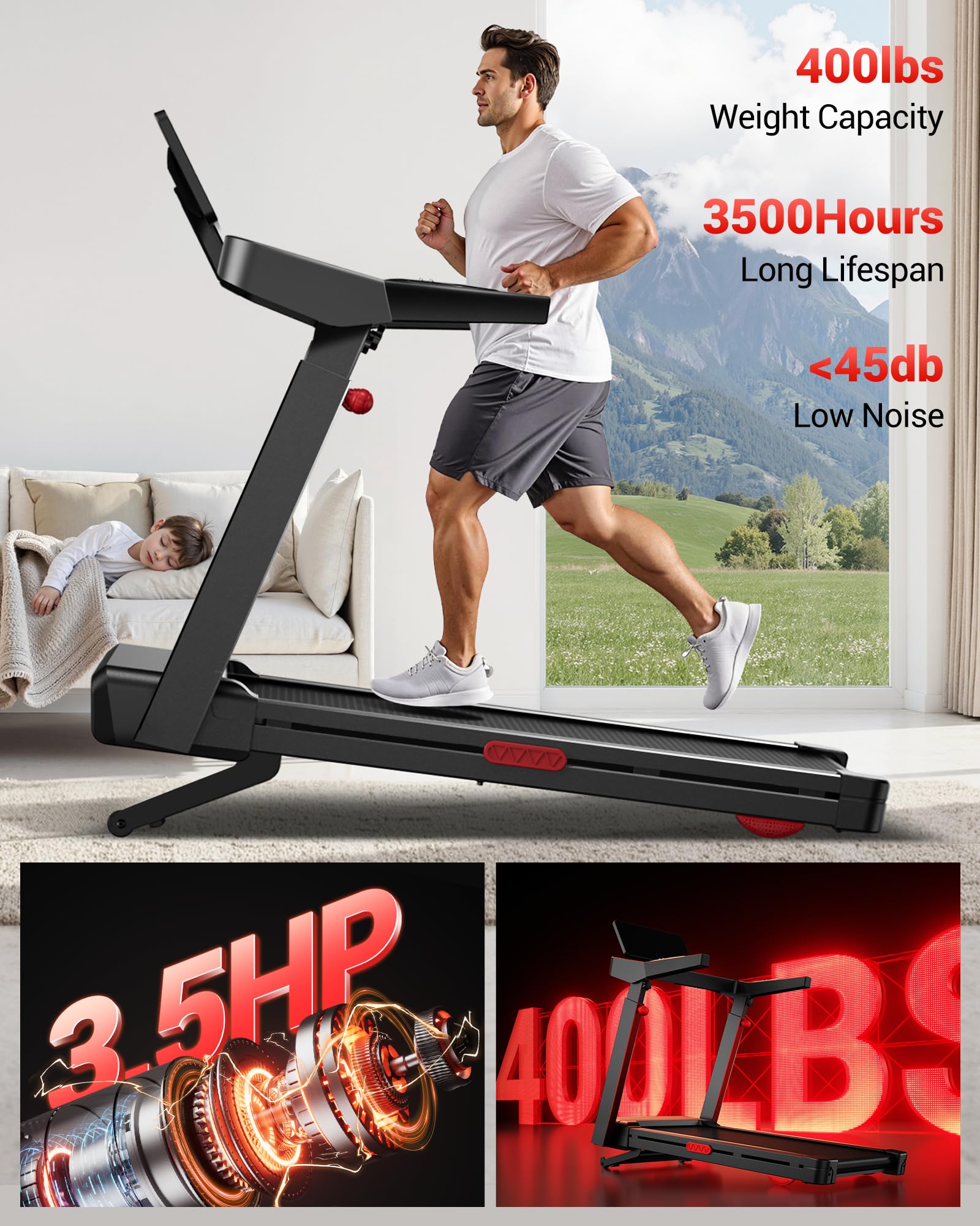 Treadmills for Home with 20% Auto Incline, 14KM/H Foldable Treadmill with Handles, Running Machine for Heavy People, 180KG Weight Capacity, Large Running Belt and Intelligent LED Touch Screen