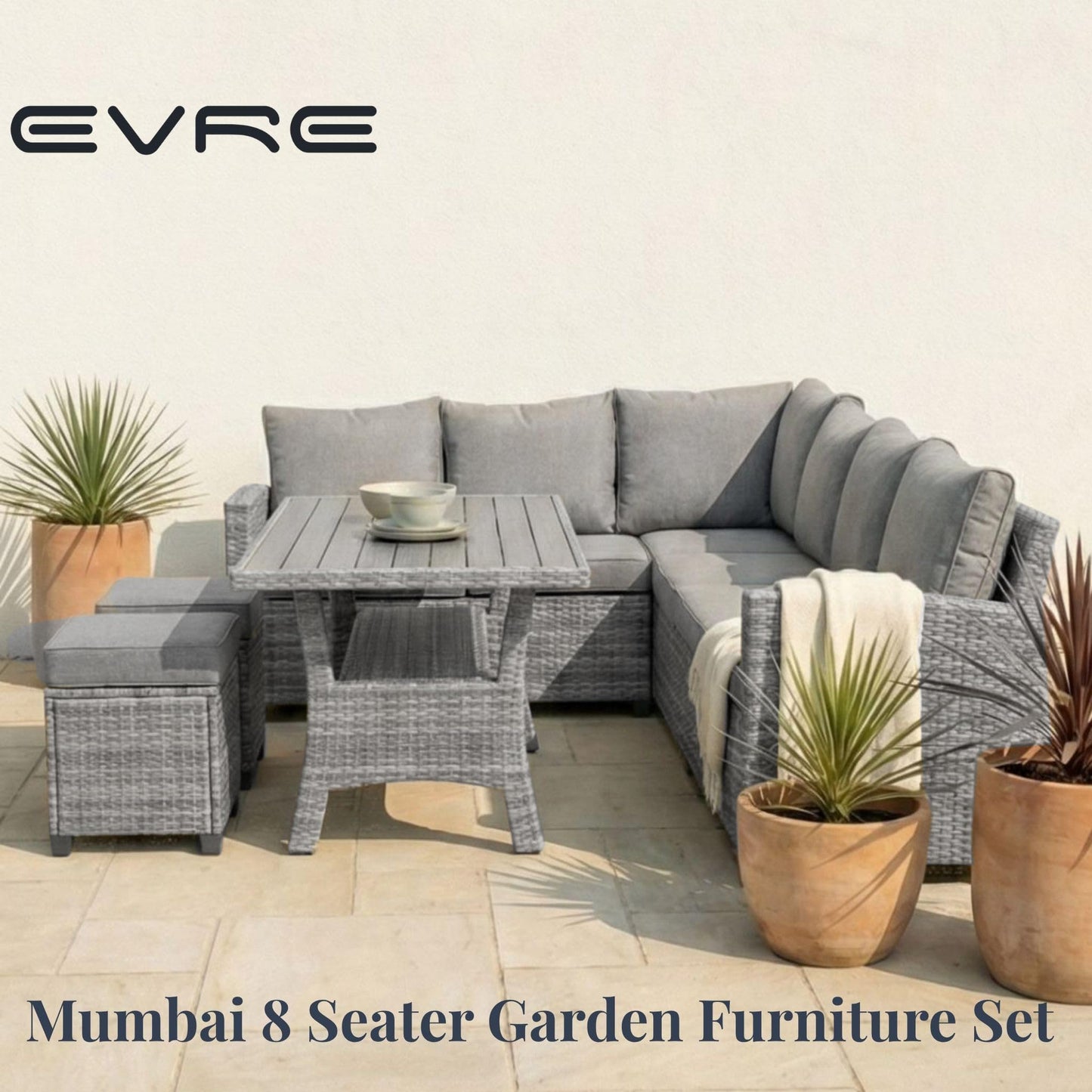EVRE Mumbai 8 Seater Rattan Garden Furniture Set, Corner Sofa Dining Set with Dining Table & Waterproof Cushions, Outdoor Patio Furniture, Modular Garden Sofa Set with Stools, Grey