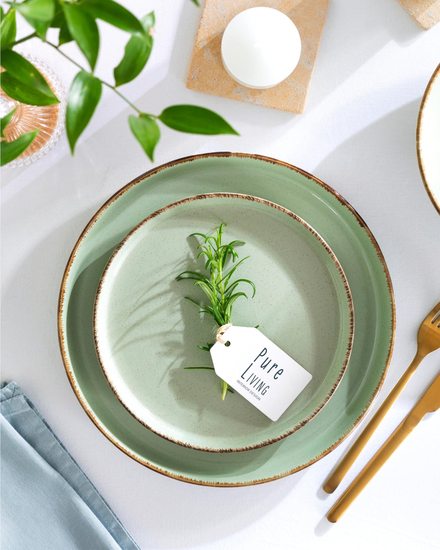 24 piece Dinner Sets for 6 People - Beautiful Country Style Stoneware Dinner Set for 6 - Dishwasher & Microwave Safe Plates and Bowls Set for 6 - Dinnerware Sets by Pure Living in Mint Green