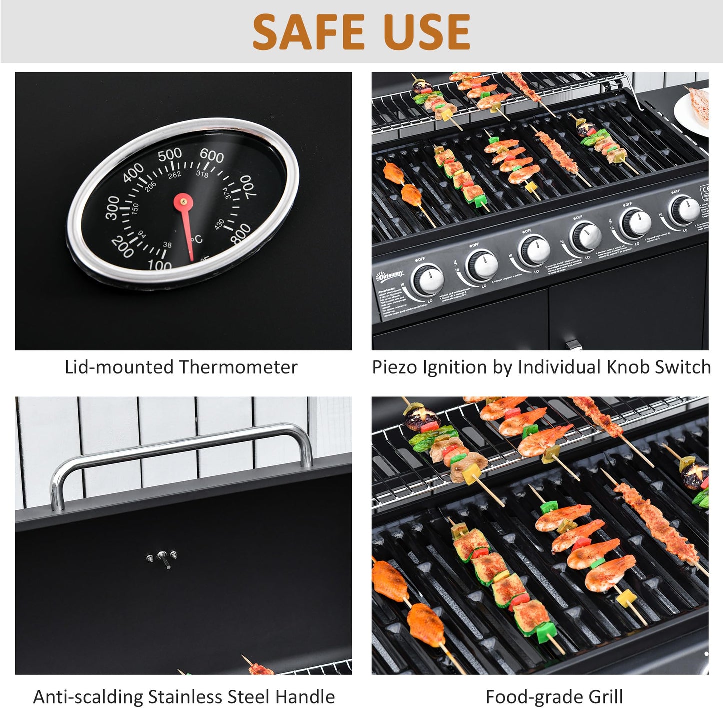 Outsunny 6+1 Burner Gas BBQ Grill, Outdoor Barbecue Trolley with Wheels, Warming Rack, Side Shelves, Cabinet, Thermometer for Garden, Party, Camping, 135 x 51.5 x 100cm, Black