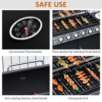 Outsunny 6+1 Burner Gas BBQ Grill, Outdoor Barbecue Trolley with Wheels, Warming Rack, Side Shelves, Cabinet, Thermometer for Garden, Party, Camping, 135 x 51.5 x 100cm, Black