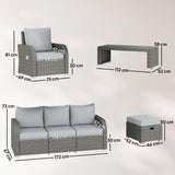 Outsunny 7 Seater Rattan Garden Furniture Set, 2 Reclining Chairs, 3 Seater Sofa, Coffee Table, Footstools, Space-Saving 6 Piece Outdoor Patio Furniture Conversation Set with Cushions, Light Grey