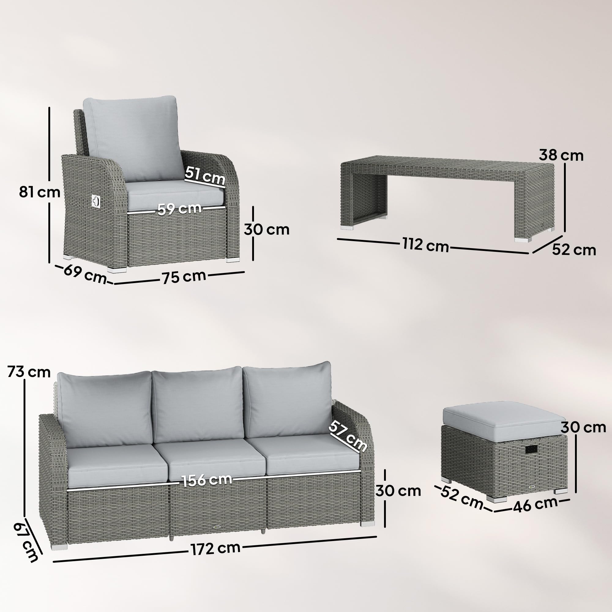 Outsunny 7 Seater Rattan Garden Furniture Set, 2 Reclining Chairs, 3 Seater Sofa, Coffee Table, Footstools, Space-Saving 6 Piece Outdoor Patio Furniture Conversation Set with Cushions, Light Grey