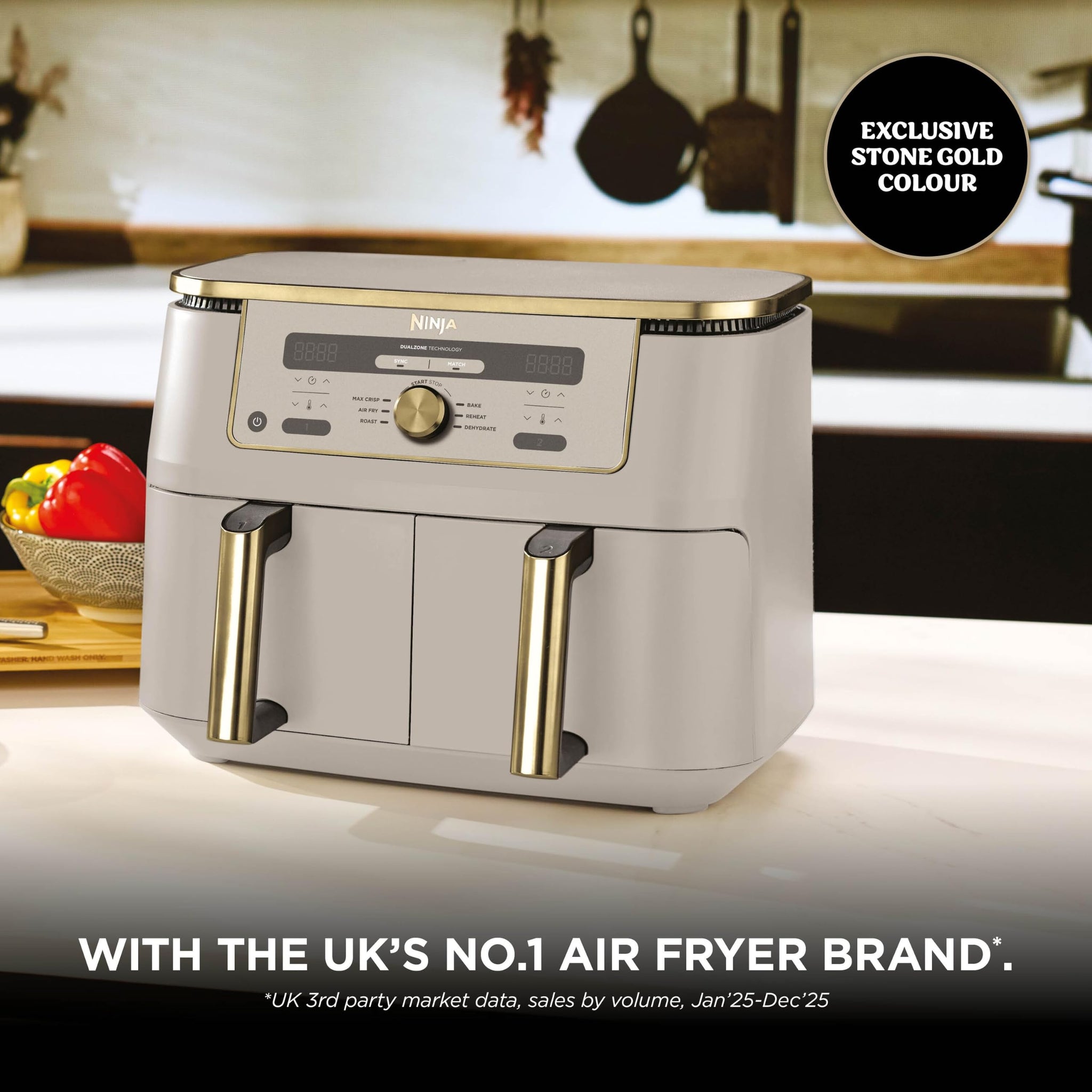 Ninja MAX Dual Zone Digital Air Fryer, 2 Drawers, 9.5L, 6-in-1, Uses No Oil, Air Fry, Max Crisp, Roast, Bake, Reheat, Dehydrate, Non-Stick, Dishwasher Safe Baskets, Stone Gold DZ400UKSTGD