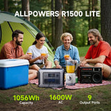 ALLPOWERS R1500 LITE Portable Power Station with Solar Panel 200W SE200, 1056Wh LiFePO4 Battery, 1600W AC/100W USB-C Output Portable Power, Fast Charge Solar Generator for Outdoor Camping