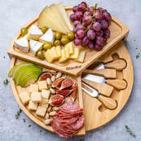 BlauKe® Bamboo Cheese Board and Knife Set – 37cm Round Charcuterie Board, Serving Platter, Slide-Out Drawer, Cheese Knives – Wooden Cheese Board Gift Set