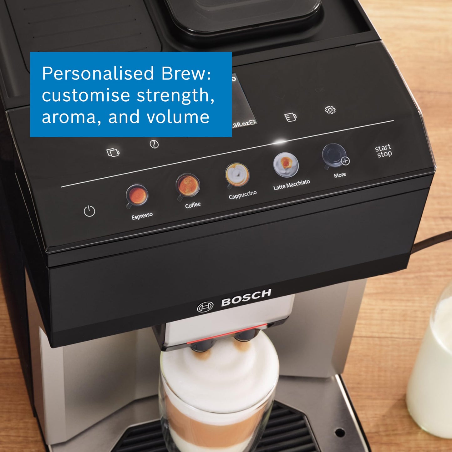 Bosch Serie 4 TPG40307, Bean to Cup Coffee Machine, VeroCafe, Cappuccinatore milk frother, DoubleCup option, easy select panel with 9 Beverage Options, Piano Black