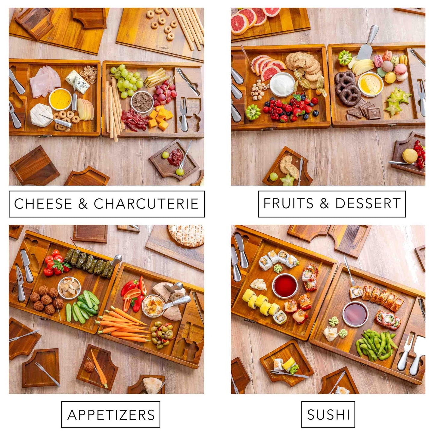 Wooden Cheese Board and Knife Set for Big Parties - Large Wooden Serving Board/Tray of Acacia, an Upgrade from Bamboo Charcuterie Boards - Serving Platters with Cheese Knives - Any Occasion Gift Set
