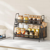 VITVITI Spice Racks, 2 Tier Cupboard Shelf Organiser with 4 Hooks and Side Basket, Kitchen Essentials for Accessories Storge, Desktop Organizer for Kitchen, Dining Room, Office - Black