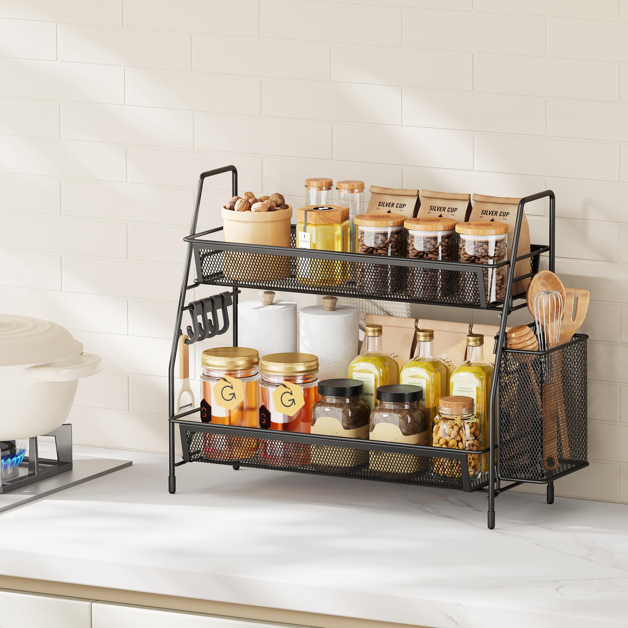 VITVITI Spice Racks, 2 Tier Cupboard Shelf Organiser with 4 Hooks and Side Basket, Kitchen Essentials for Accessories Storge, Desktop Organizer for Kitchen, Dining Room, Office - Black