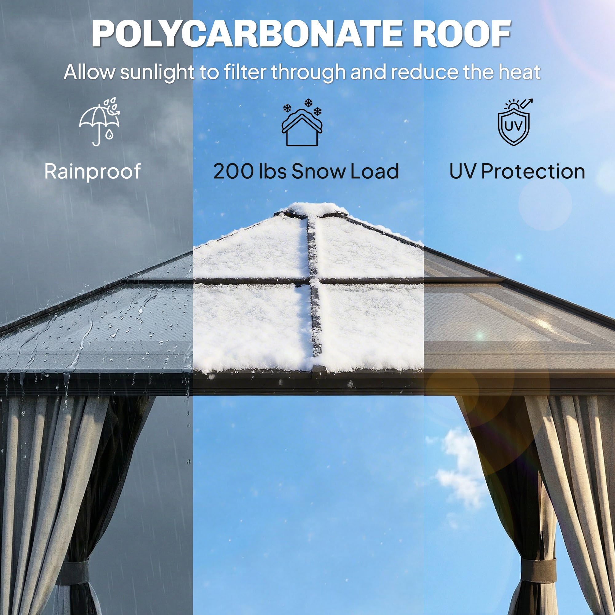 Outsunny 3 x 3(m) Hardtop Gazebo with UV Resistant Polycarbonate Roof & Aluminium Frame, Garden Pavilion with Mosquito Netting and Curtains Black