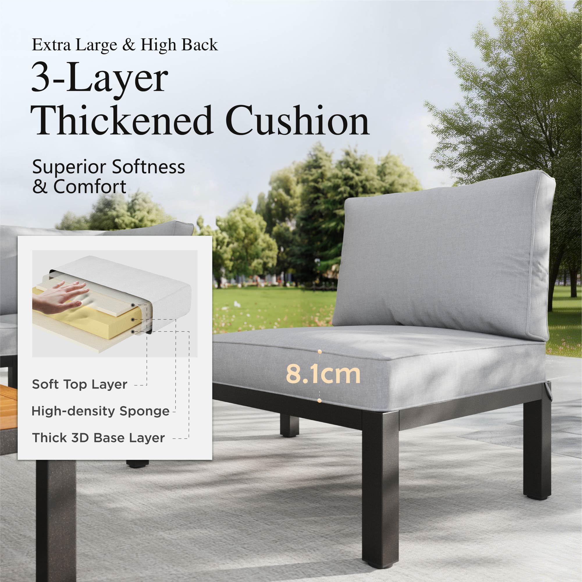 PHI VILLA 6 Seater Metal Garden Furniture Sets, L Shaped Modular Outdoor Corner Sofa Set All Weather for Patio with Cushions and Coffee Table, Beige-Gray