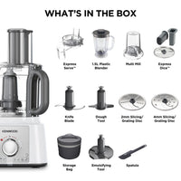 Kenwood FDP65.860WH food processor with 9 attachments. Express Serve and Dice, 1.5L Jug blender and mini chopper, White