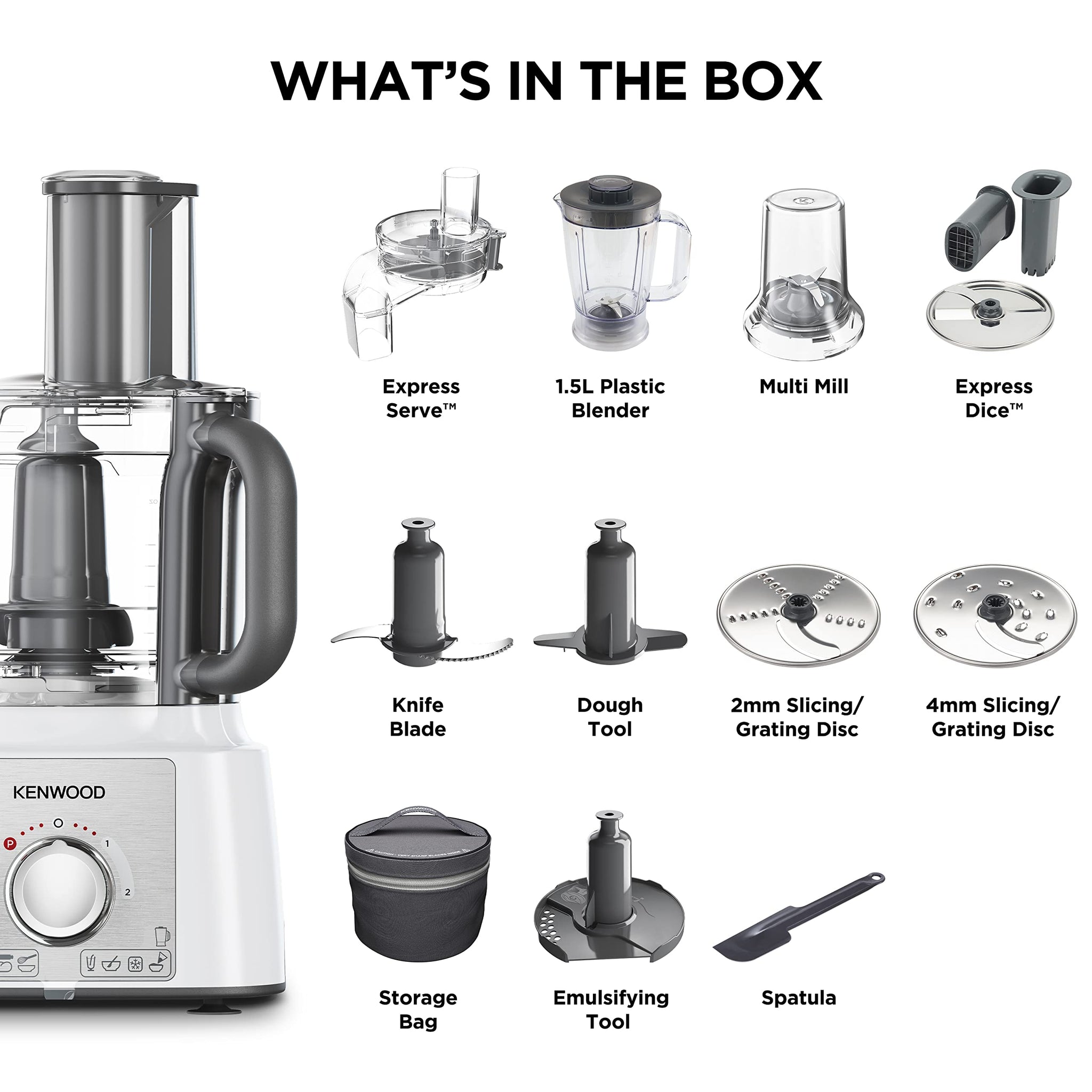 Kenwood FDP65.860WH food processor with 9 attachments. Express Serve and Dice, 1.5L Jug blender and mini chopper, White