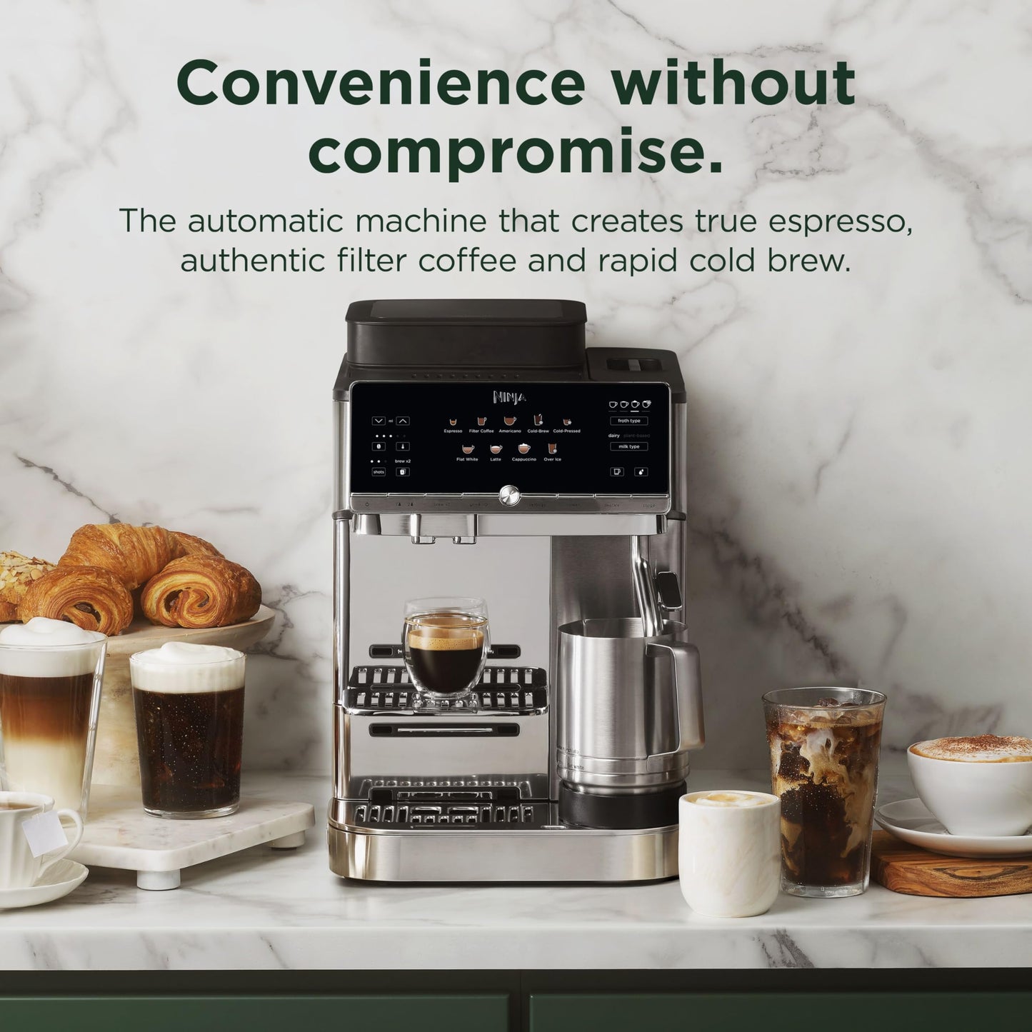 Ninja AutoBarista Automatic Espresso, Filter Coffee and Cold Brew Machine, 10 Drink Programs and 4 Milk Froth Presets, 250g Hopper, Dishwasher Safe Removable Parts, Silver AE1001UK