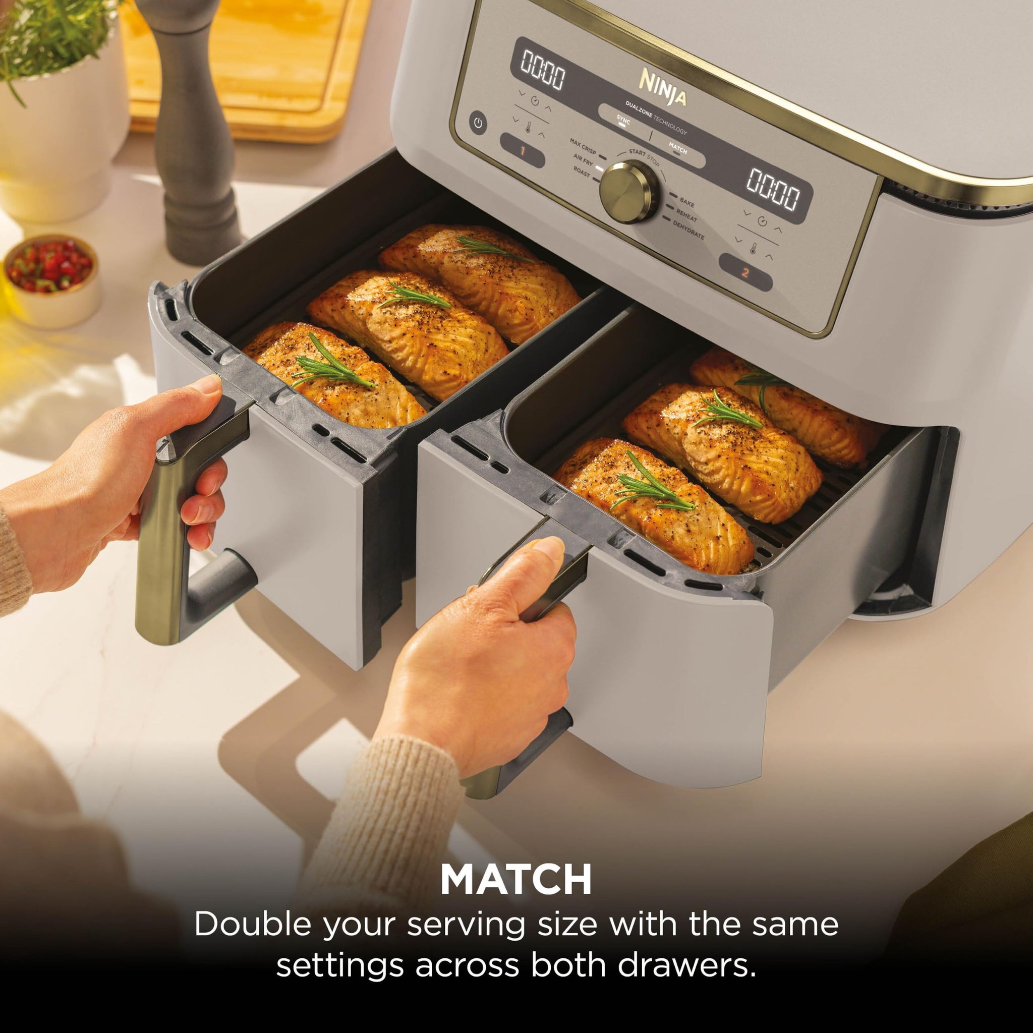 Ninja MAX Dual Zone Digital Air Fryer, 2 Drawers, 9.5L, 6-in-1, Uses No Oil, Air Fry, Max Crisp, Roast, Bake, Reheat, Dehydrate, Non-Stick, Dishwasher Safe Baskets, Stone Gold DZ400UKSTGD
