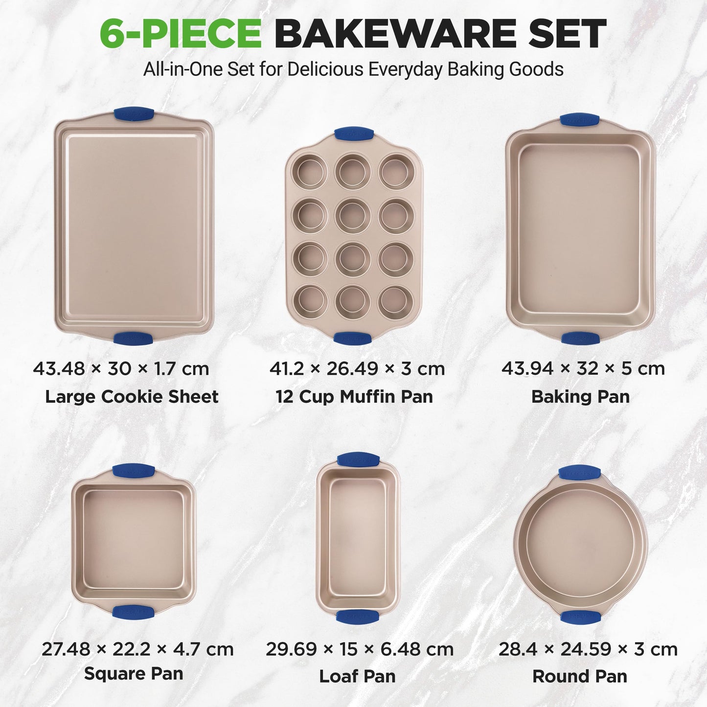 NutriChef Bakeware Set 6-Piece, Nonstick Gold Baking Pans with Heat-Safe Handles, Includes Cookie Sheets, Roasting Pan, Loaf Pan, Muffin Tin & Square Cake Pan, Durable & Oven Safe
