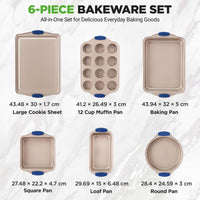 NutriChef Bakeware Set 6-Piece, Nonstick Gold Baking Pans with Heat-Safe Handles, Includes Cookie Sheets, Roasting Pan, Loaf Pan, Muffin Tin & Square Cake Pan, Durable & Oven Safe