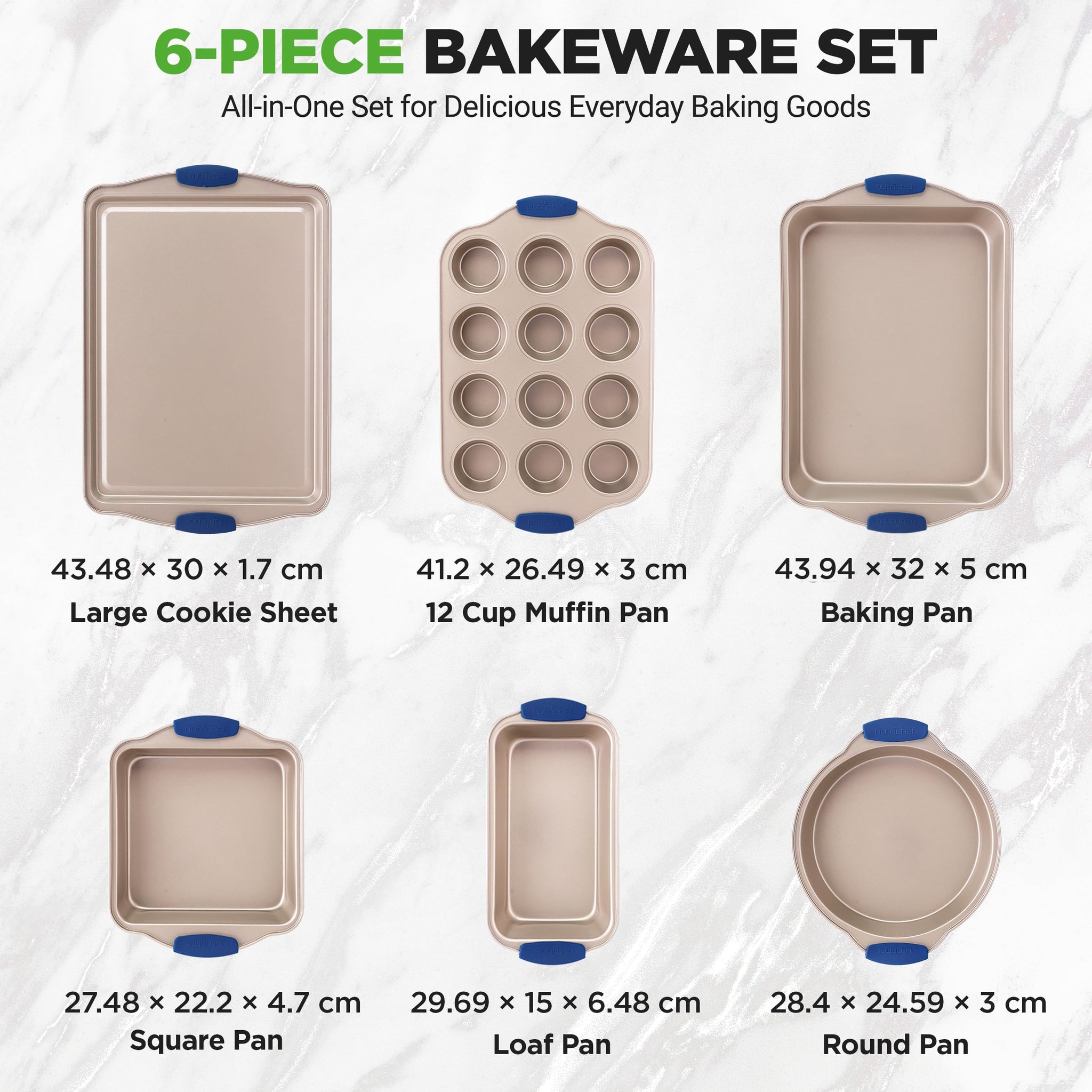 NutriChef Bakeware Set 6-Piece, Nonstick Gold Baking Pans with Heat-Safe Handles, Includes Cookie Sheets, Roasting Pan, Loaf Pan, Muffin Tin & Square Cake Pan, Durable & Oven Safe