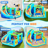 Inflatable Bouncy Castle Water Park with Slide Sprayer Trampoline Climbing Wall & Basketball Hoop, Includes Air Blower, Outdoor Indoor Bounce House for Kids Toddlers, Holds Up to 5 Children