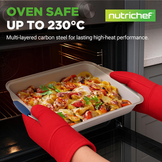 NutriChef Bakeware Set 6-Piece, Nonstick Gold Baking Pans with Heat-Safe Handles, Includes Cookie Sheets, Roasting Pan, Loaf Pan, Muffin Tin & Square Cake Pan, Durable & Oven Safe