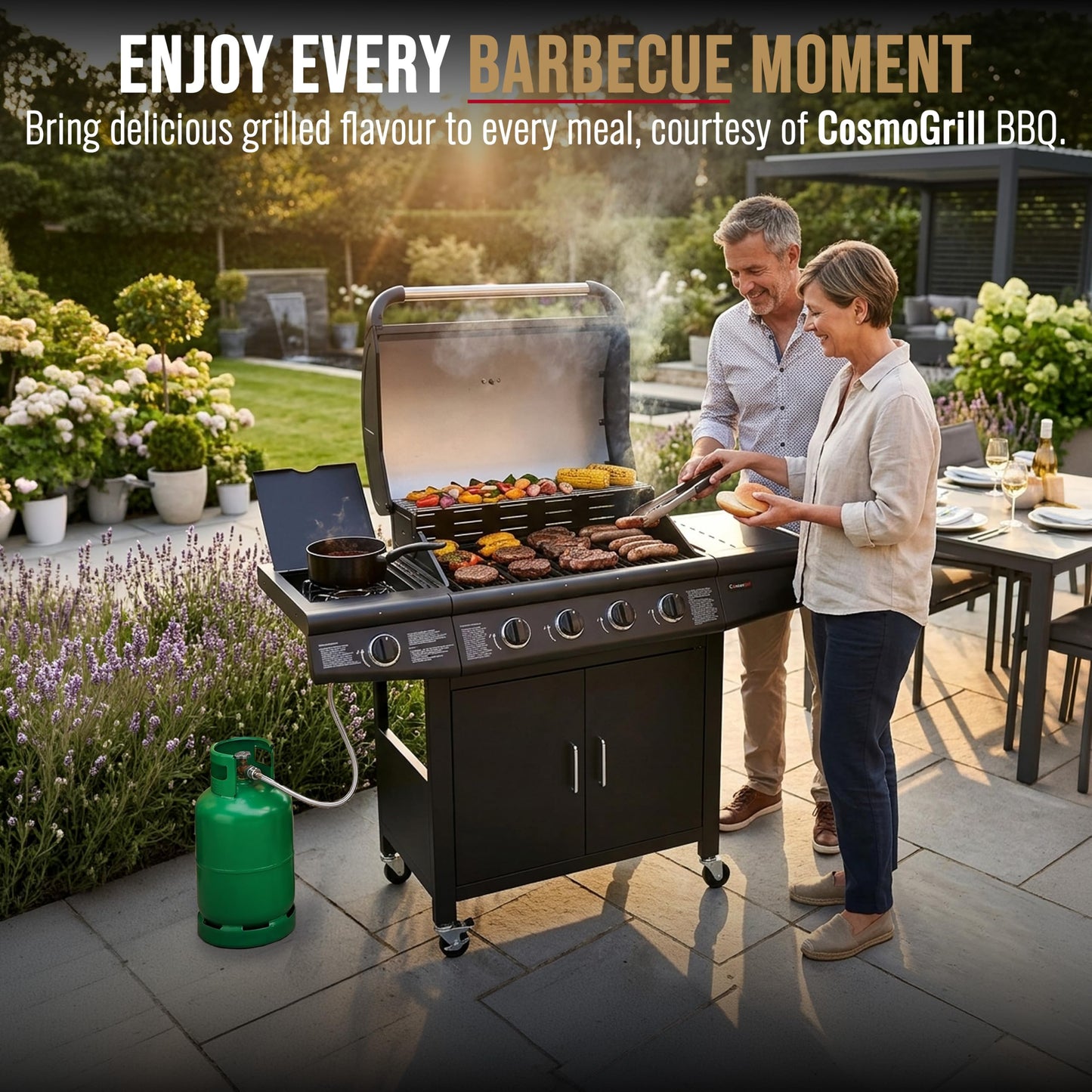 CosmoGrill Pro Deluxe 5 Gas Burner 4+1 Barbecue Grill, Steel Warming Rack, Side-Burner, Built-in Temperature Gauge for Home Garden Party Outdoor Cooking (93411)