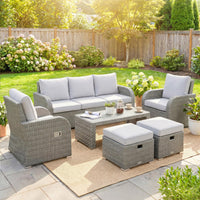 Outsunny 7 Seater Rattan Garden Furniture Set, 2 Reclining Chairs, 3 Seater Sofa, Coffee Table, Footstools, Space-Saving 6 Piece Outdoor Patio Furniture Conversation Set with Cushions, Light Grey