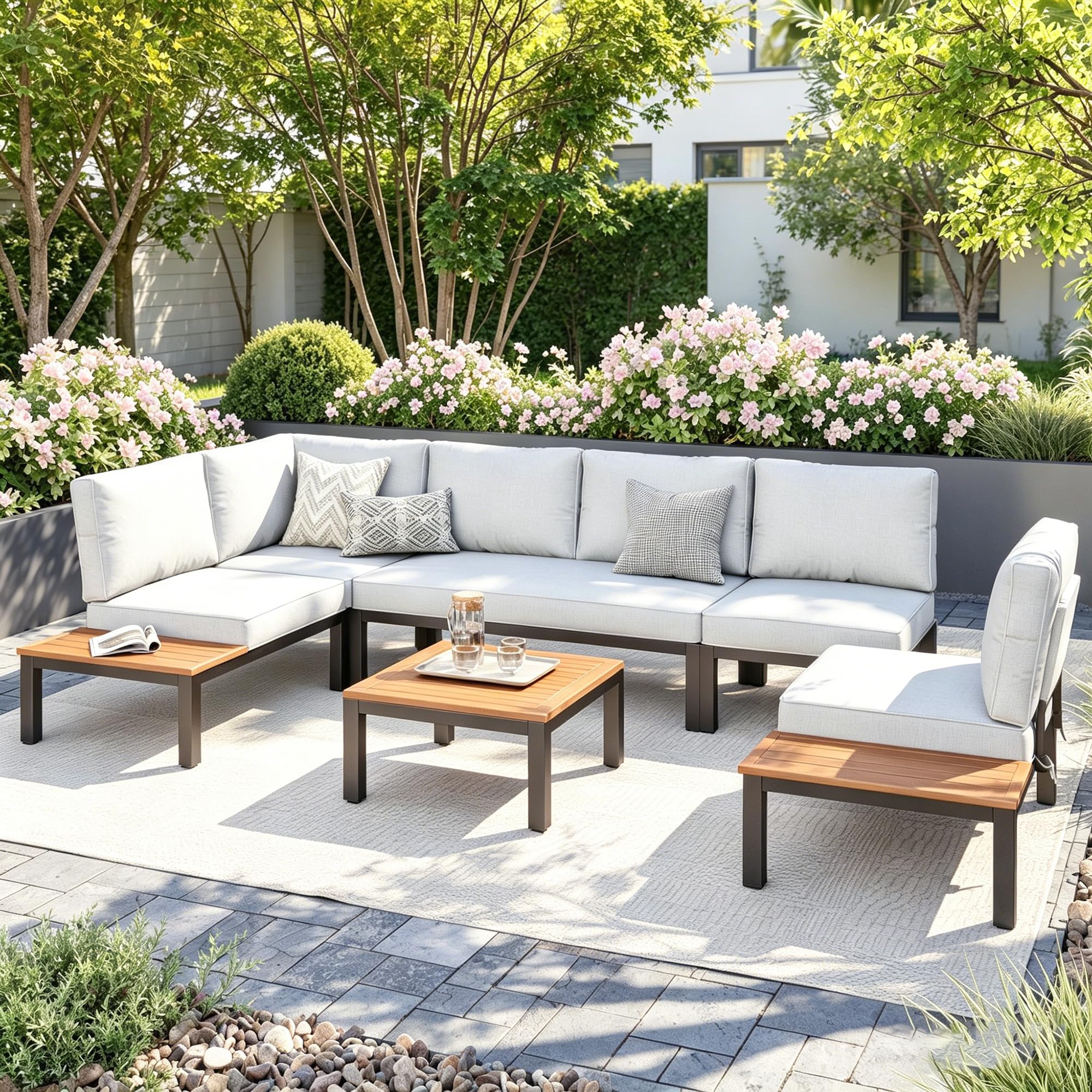PHI VILLA 6 Seater Metal Garden Furniture Sets, L Shaped Modular Outdoor Corner Sofa Set All Weather for Patio with Cushions and Coffee Table, Beige-Gray