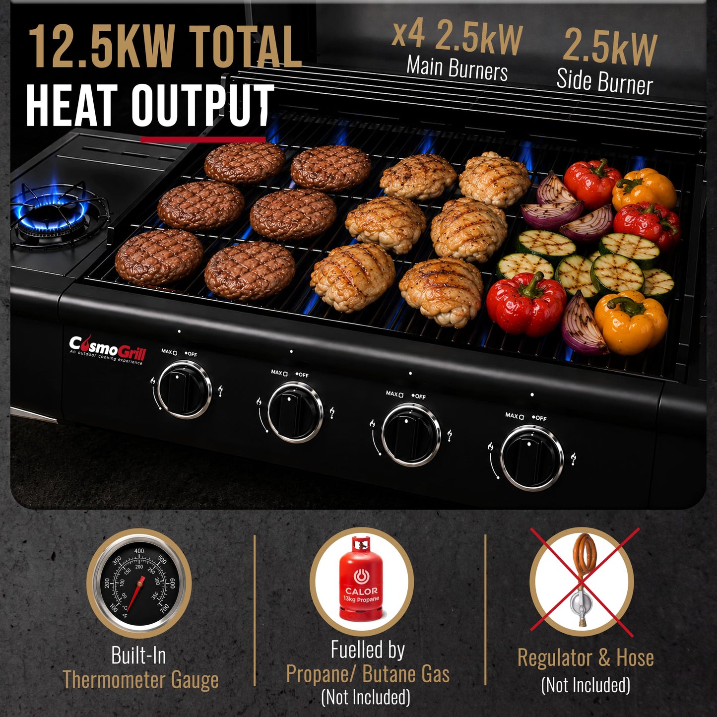 CosmoGrill Pro Deluxe 5 Gas Burner 4+1 Barbecue Grill, Steel Warming Rack, Side-Burner, Built-in Temperature Gauge for Home Garden Party Outdoor Cooking (93411)