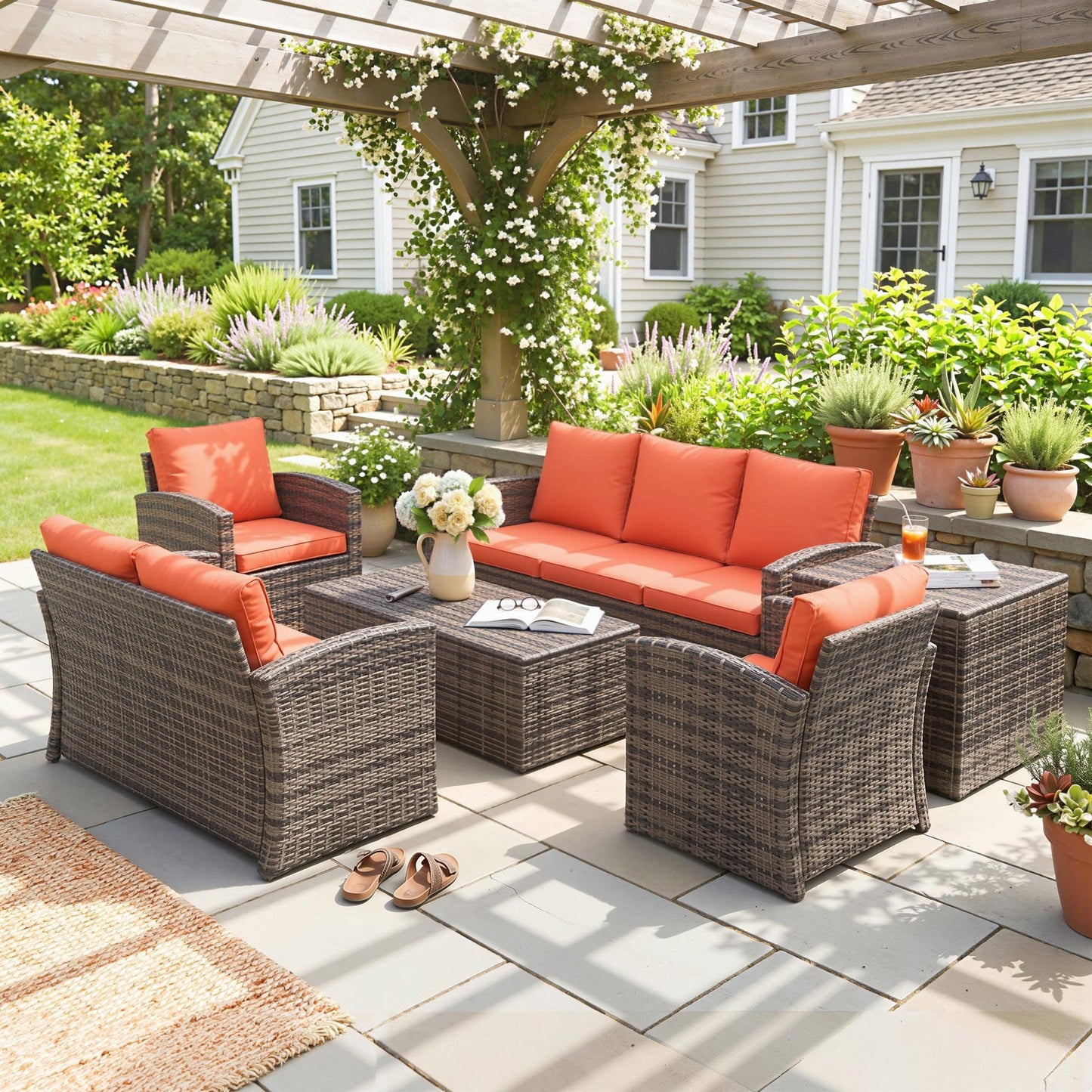 Outsunny 6 Pieces Rattan Garden Furniture Set Wicker Outdoor Sofa Sectional Patio Conversation Furniture Set w/Storage Table and Cushions, Orange
