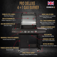 CosmoGrill Pro Deluxe 5 Gas Burner 4+1 Barbecue Grill, Steel Warming Rack, Side-Burner, Built-in Temperature Gauge for Home Garden Party Outdoor Cooking (93411)