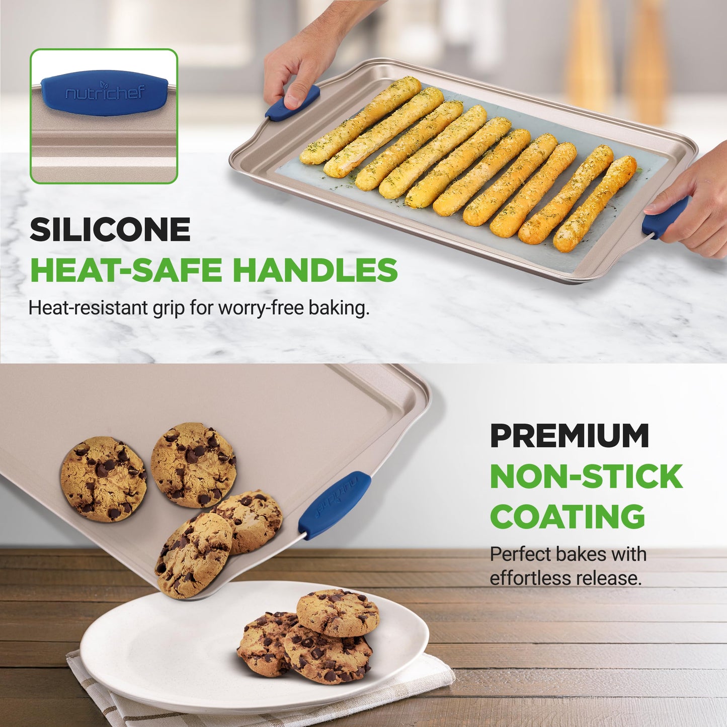 NutriChef Bakeware Set 6-Piece, Nonstick Gold Baking Pans with Heat-Safe Handles, Includes Cookie Sheets, Roasting Pan, Loaf Pan, Muffin Tin & Square Cake Pan, Durable & Oven Safe