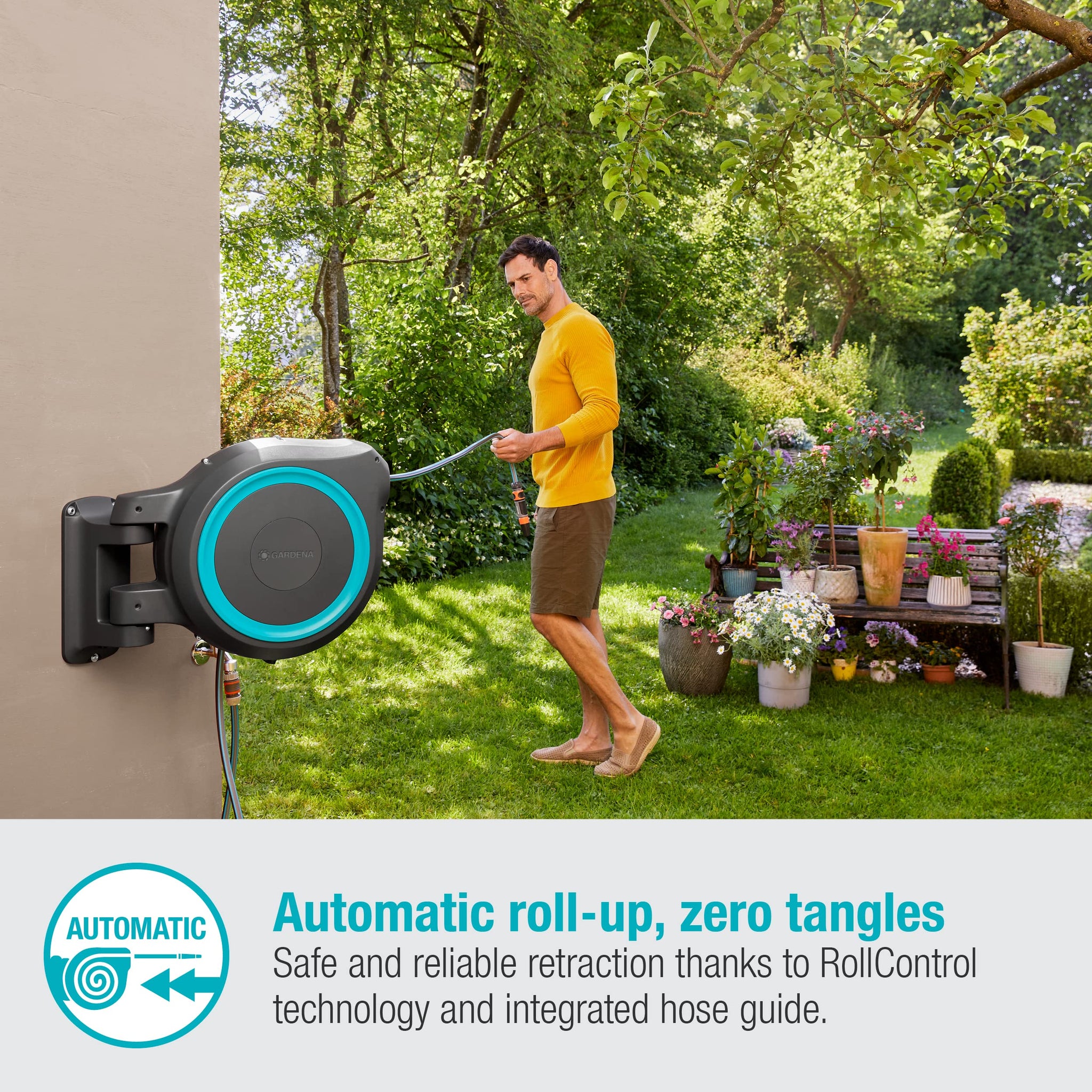 Gardena Wall-Mounted Hose Box Rollup XL (Turquoise) 35 m: Versatile Watering System for Large Gardens, Swivel Hose Box, Including 35 m Gardena Hose and mounting kit (18630-20)