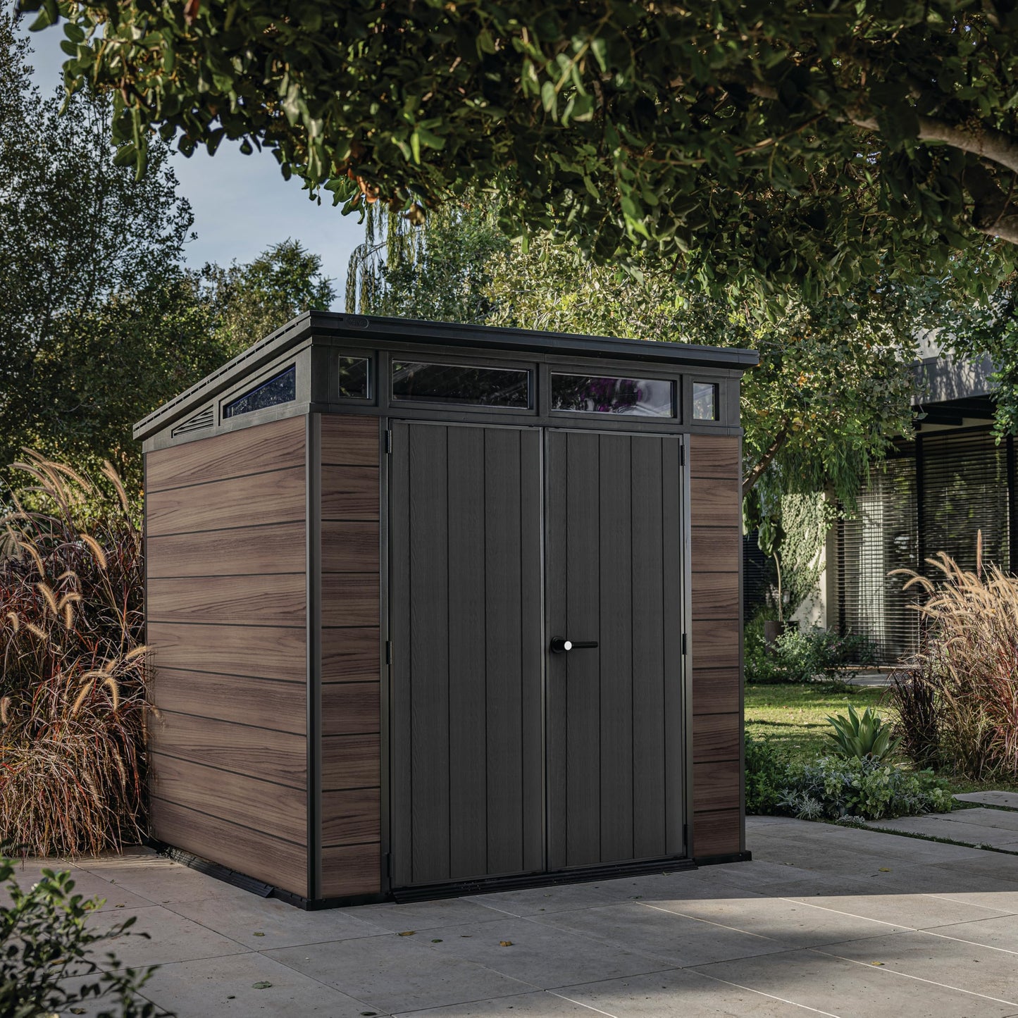 Keter Signature 7x7ft Pent Shed - Rosewood| Premium Weather‑Resistant Outdoor Storage with Steel‑Reinforced Roof & Lockable Double Doors