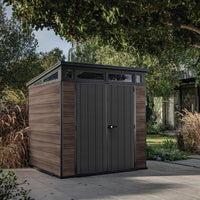 Keter Signature 7x7ft Pent Shed - Rosewood| Premium Weather‑Resistant Outdoor Storage with Steel‑Reinforced Roof & Lockable Double Doors