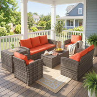 Outsunny 6 Pieces Rattan Garden Furniture Set Wicker Outdoor Sofa Sectional Patio Conversation Furniture Set w/Storage Table and Cushions, Orange