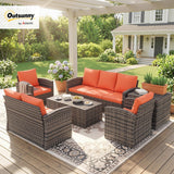 Outsunny 6 Pieces Rattan Garden Furniture Set Wicker Outdoor Sofa Sectional Patio Conversation Furniture Set w/Storage Table and Cushions, Orange