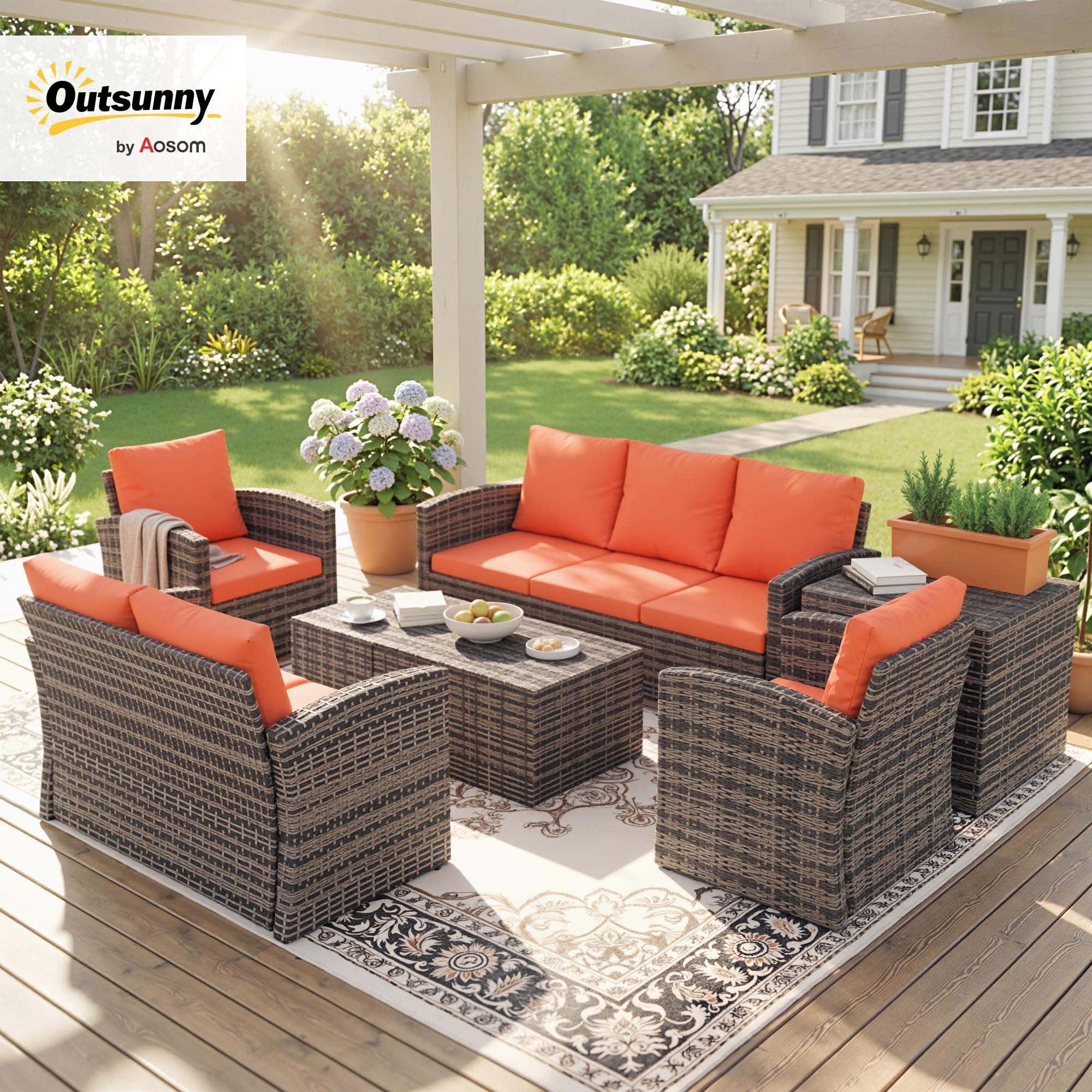 Outsunny 6 Pieces Rattan Garden Furniture Set Wicker Outdoor Sofa Sectional Patio Conversation Furniture Set w/Storage Table and Cushions, Orange